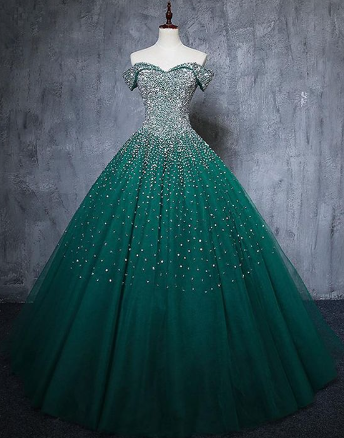 Off The Shoulder Crystal Beaded Dark Green Prom Dress Quinceanera Dresses