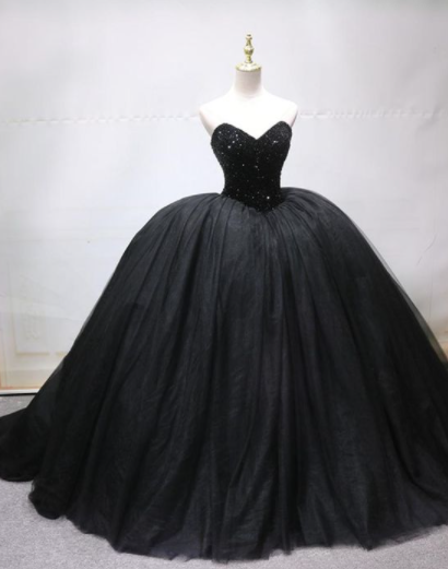 Sweetheart Tulle Beaded Black Ball Gown ,formal Dresses