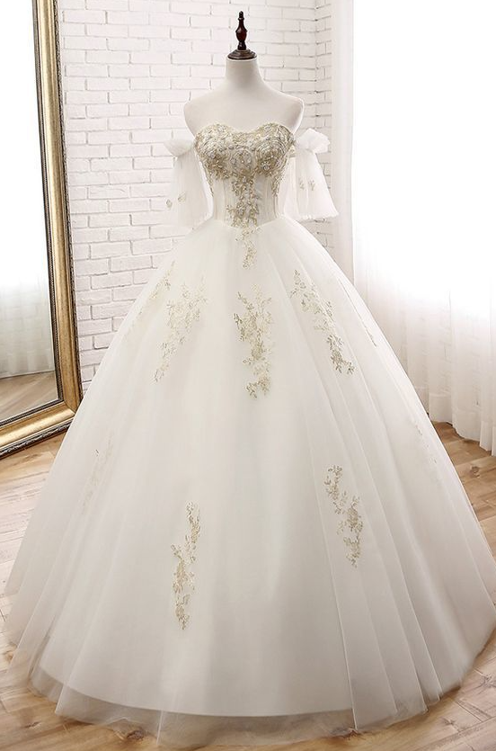 Pretty Tulle Off-the-shoulder Neckline Ball Gown Wedding Dress