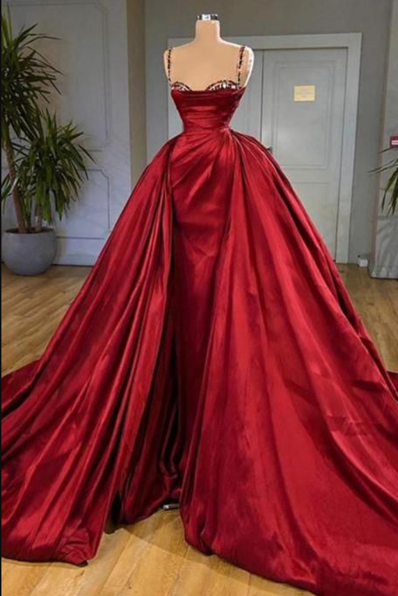 Elegant Red Satin Spaghetti Straps Long Prom Dress with Slit main image 1