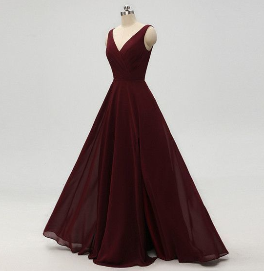 A-Line Burgundy Chiffon Prom Dresses with Pleats