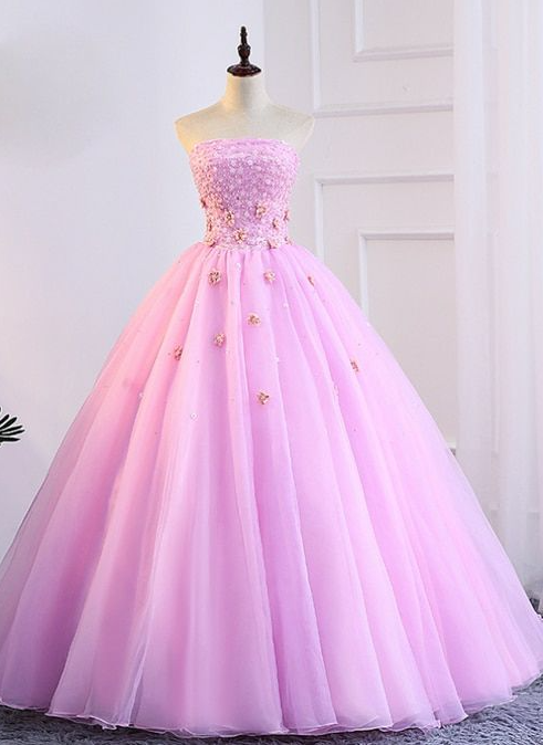Strapless Appliques Pink Tulle Quinceanera Dresses With Pearls