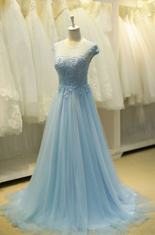 A Line Blue Evening Dress With Lace