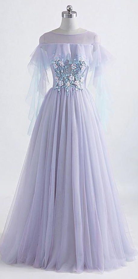 Lace Long Sleeve Unique A-Line Tulle Appliques Long Prom Dress main image 1
