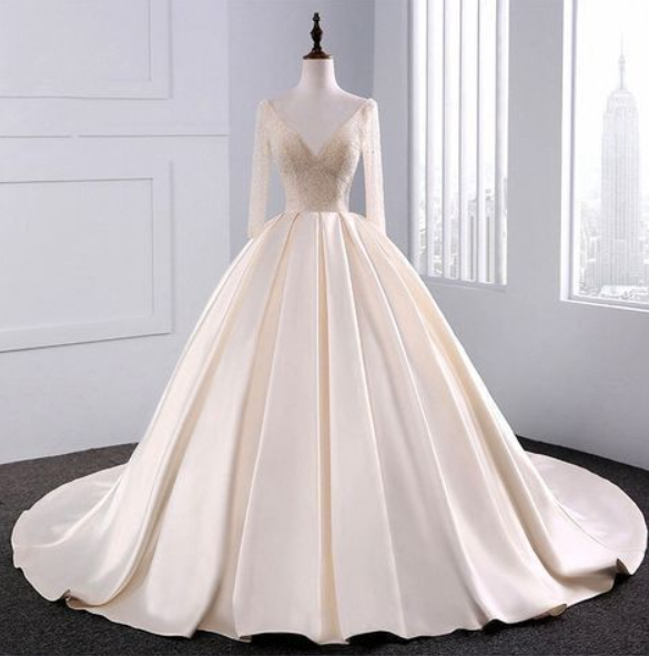Long Sleeve Modest Lace Satin Bridal Gowns