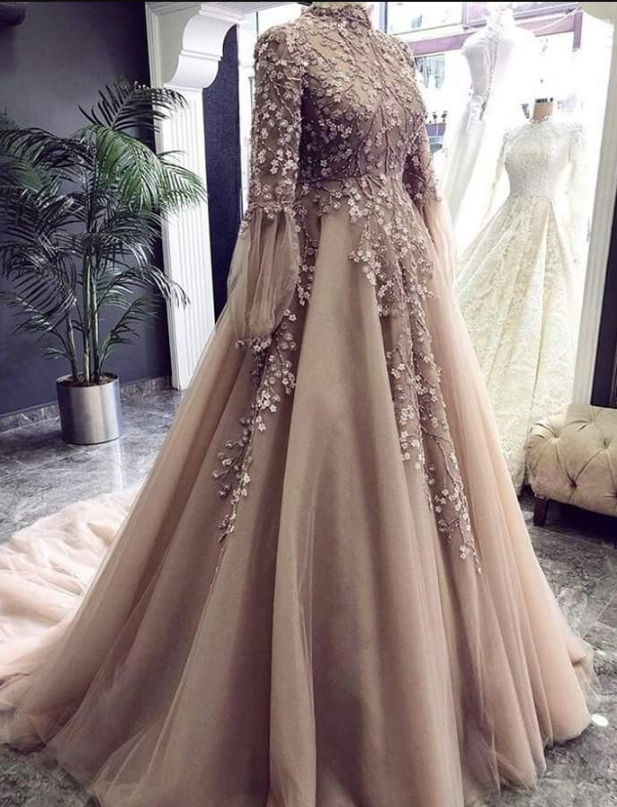 A Line Appliques Long Evening Gown Prom Dress With Long Sleeves