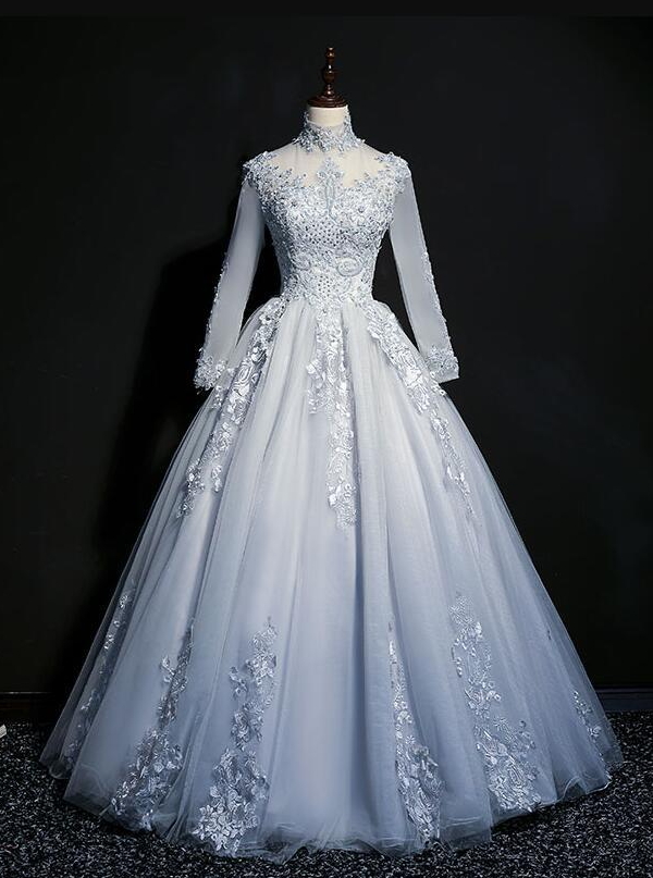 Grey Tulle Long Sleeves Sweetheart Wedding Dress on Luulla