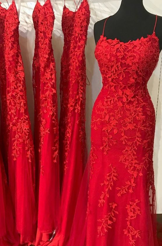 A Line Red Lace Gown With Strappy Lace Up Back