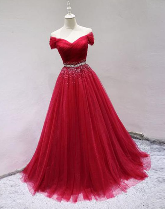 Tulle V Neck Long Beaded Lace Up Formal Prom Dress