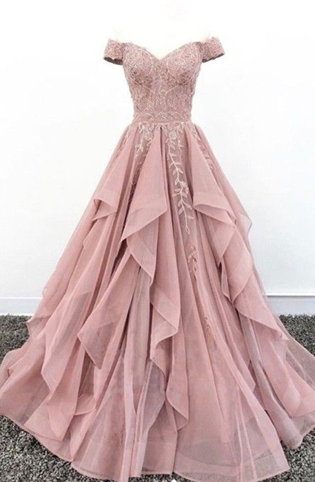 Off The Shoulder Ball Gown Prom Dusty Rose Chiffon Ruffles