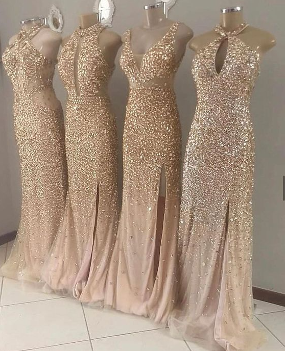 Sexy Sparkly Gold Prom Dresses, Long Evening Dress