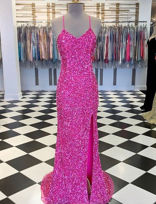 Spaghetti Straps Sequin Prom Dress With Side Slit