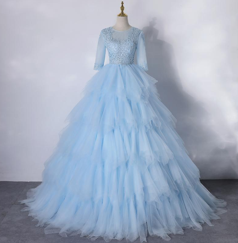 Short Sleeves Light Blue Layers Tulle With Lace