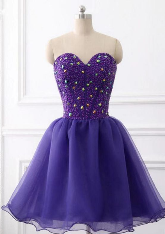 Sweetheart Dark Purple Organza Knee Length Formal Dress