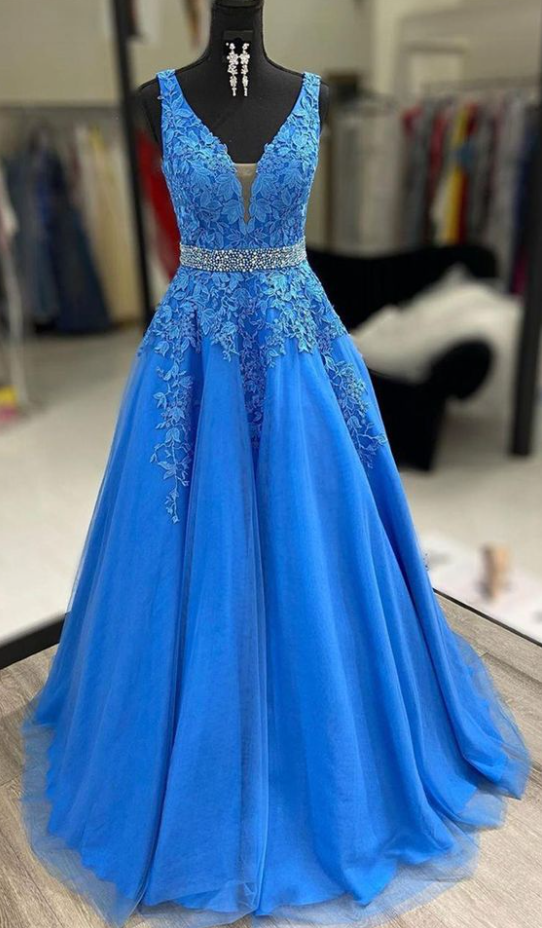 Blue A-Line Tulle Long Party Dress With Belt, Blue Evening Dress Formal Prom Dress