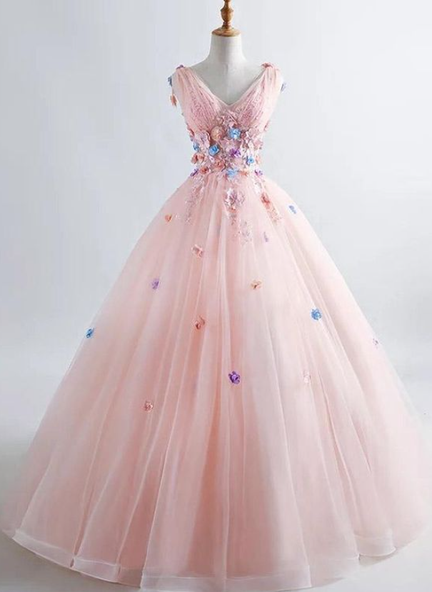 3d Floral Applique V-neck Boho Prom Quinceanera Dress