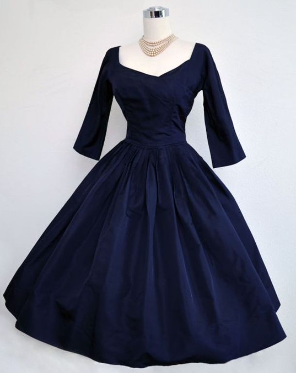 Darrk Blue Middle Sleeve Prom Dress,a Line Prom Dress