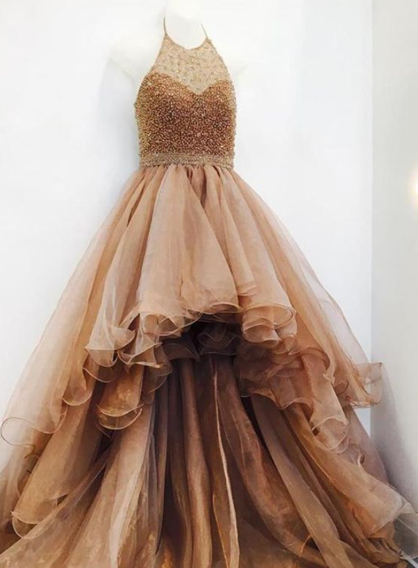 High Low Brown Beaded Ball Gown Prom Dresses