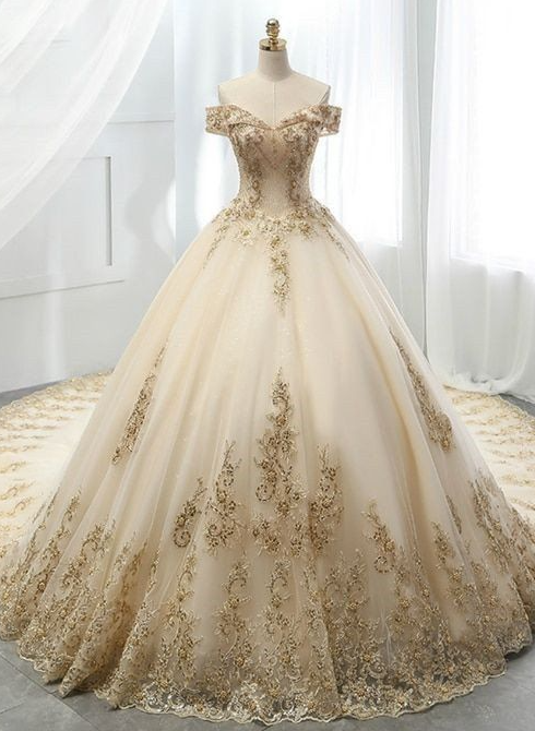 Champagne Tulle Gold Lace Appliques Wedding Dress