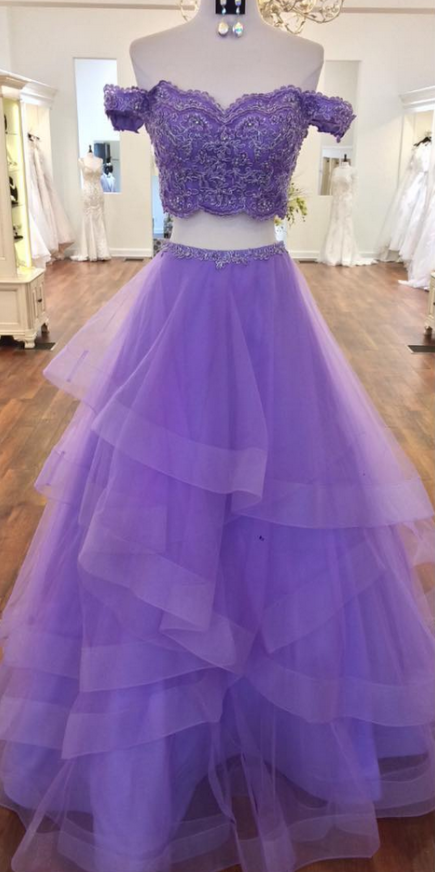 Sexy Off Shoulder Two Piece Purple Appliques Tulle Prom Dresses, Prom Gown