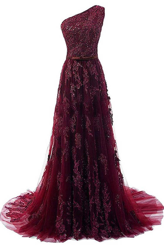 One Shoulder Burgundy Appliques Formal Prom Dresses on Luulla