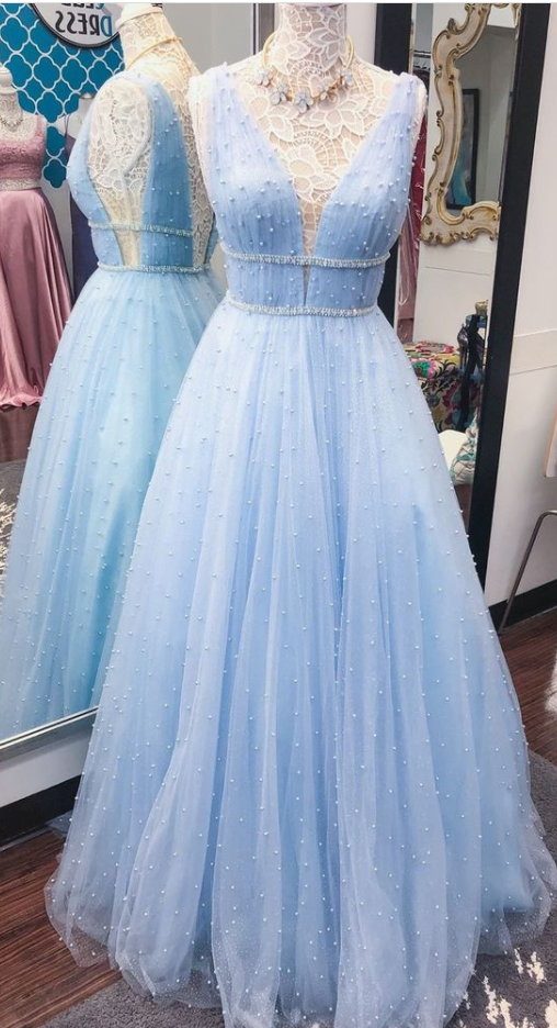 A-line Light Sky Blue Long Prom Dress With Pearls