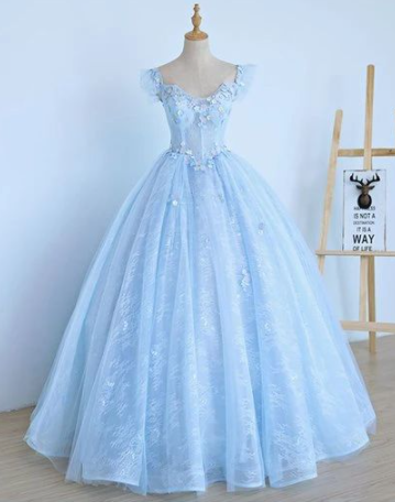 Cap Sleeve Light Blue Lace Long Prom Dress