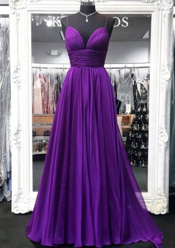 Spaghetti Straps Purple Chiffon Long V-neck Prom Dress on Luulla
