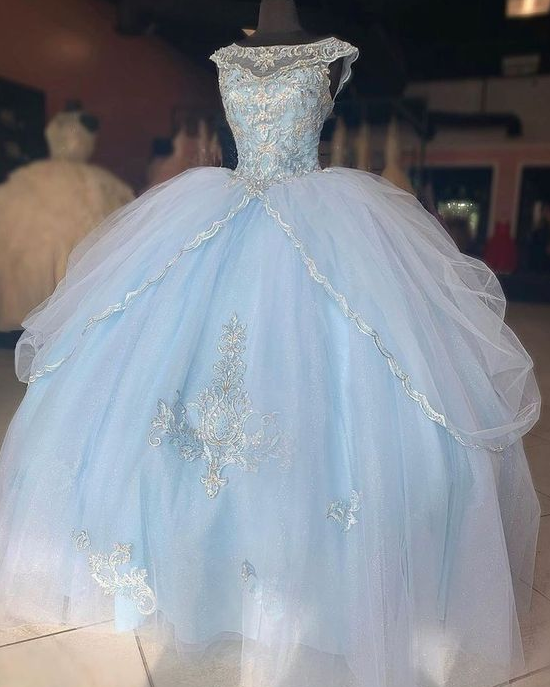 Ball Gown Blue Tulle Long Lace Evening Dress