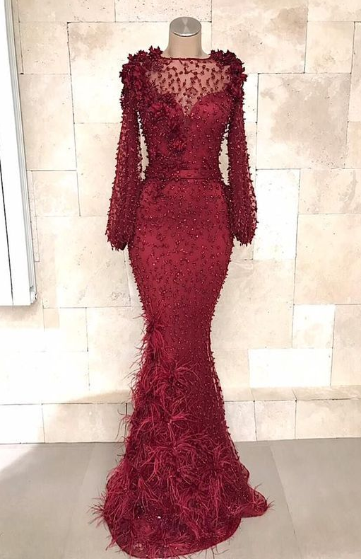 A Line Long Sleeves Beaded Evening Gown Formal Dress
