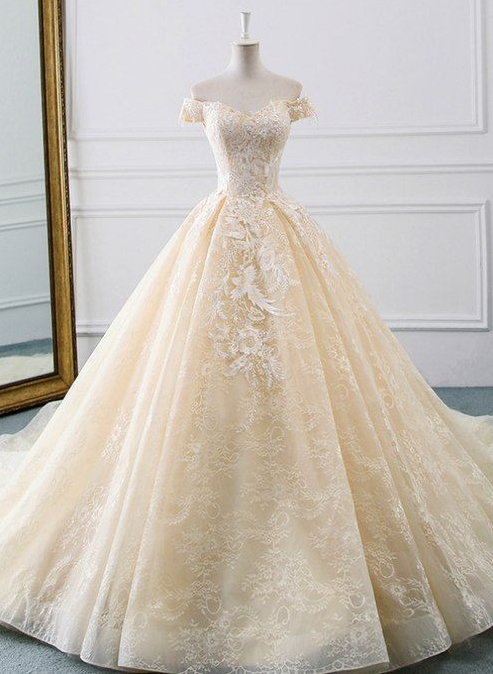 Champagne Tulle Ball Gown Prom Dress Lace Appliques Wedding Dress With Train