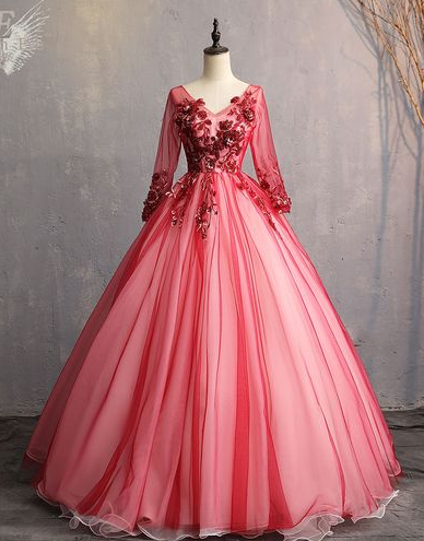 Long Sleeve V Neck Formal Prom Dress, Evening Dress