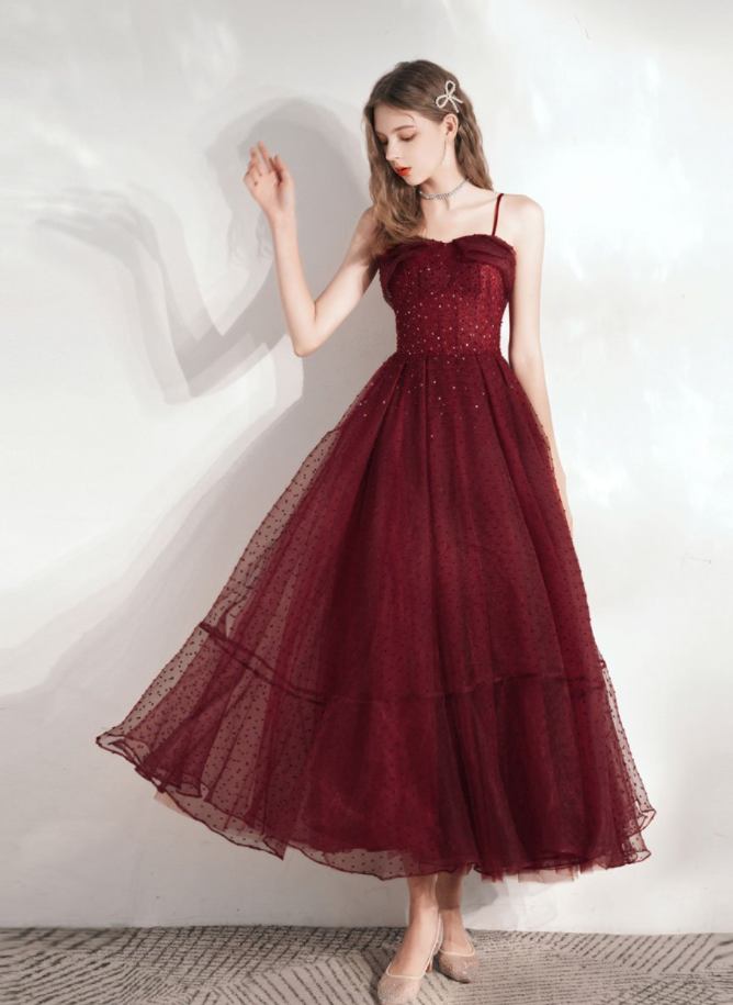 Burgundy Sweetheart Tulle Tea Length Prom Dress