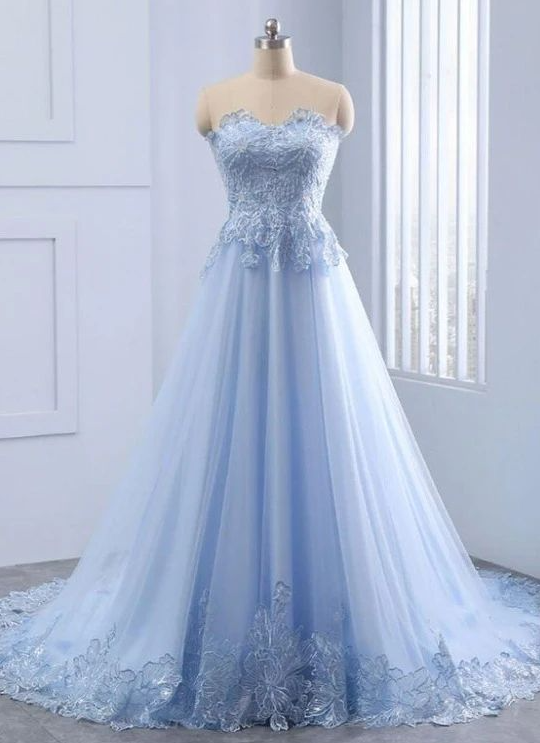 Light Blue Sweetheart Lace Applique Long Prom Dresses