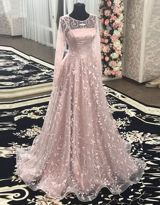 Long Sleeve Pink Floral Lace Long A Line Formal Prom Dresses