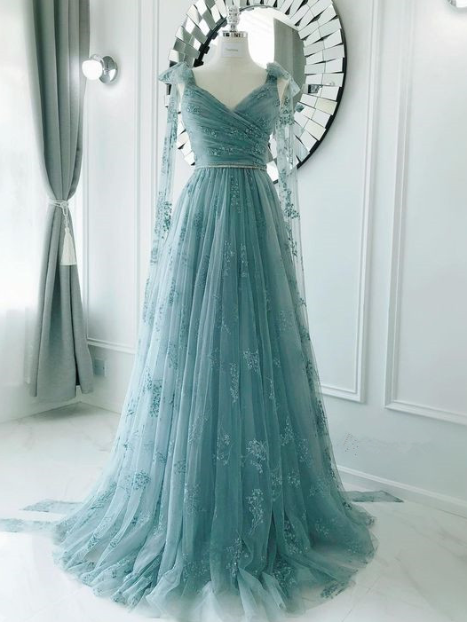 Wrap Top Tulle Half-Sleeve Appliques Prom Dresses main image 1