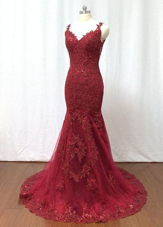V-neck Burundy Mermaid Long Dress