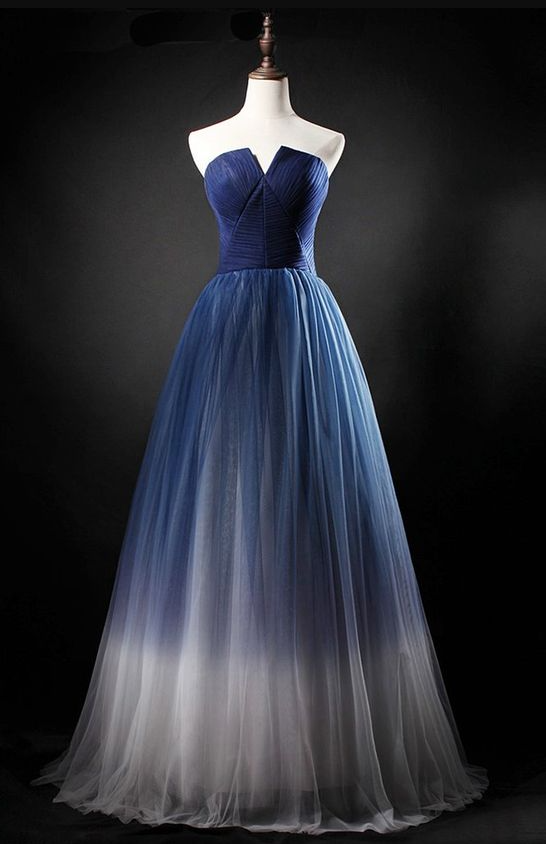 Elegant A line Straps Tulle Navy Blue Prom Dresses Formal Evening Dress Y6776