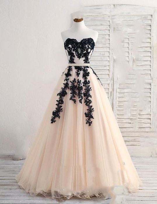 Champagne And Black Lace Prom Dress on Luulla