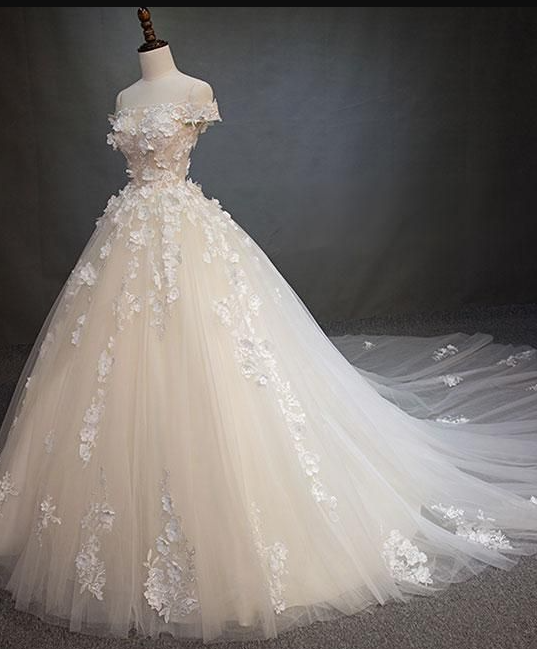 Tulle Lace Applique Long Prom Dress, Lace Wedding Dress