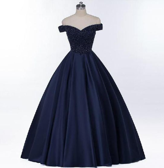 Long A-line Navy Lace Beaded Prom Dresses, Newest Prom Dresses main image 0