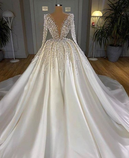 Satin Turkish Wedding Dresses Dubai Arabic Long Sleeve Bridal Gowns