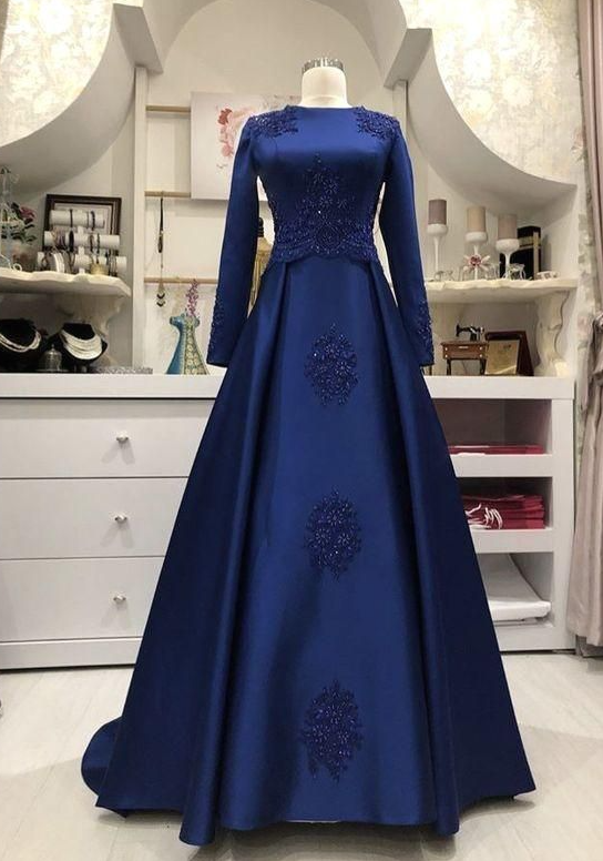 Long Sleeve Blue Evening Dress, Prom Dress