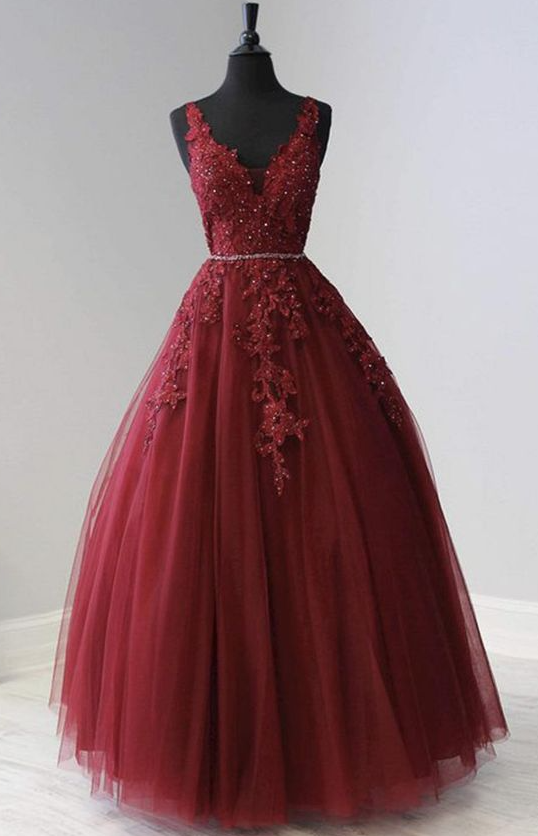 Burgundy V Neck Lace Long Prom Dress Evening Dress
