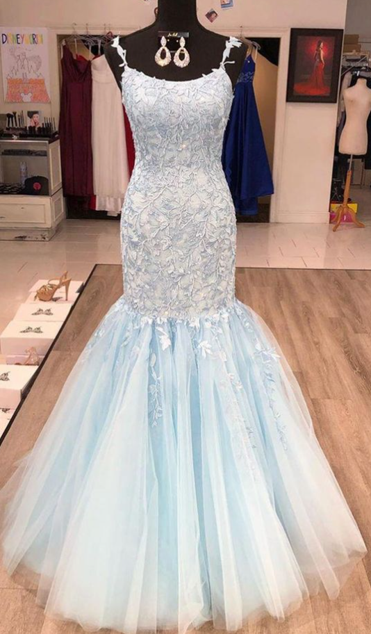 Sleeveless Prom Dresses Blue Lace Tulle Evening Dresses