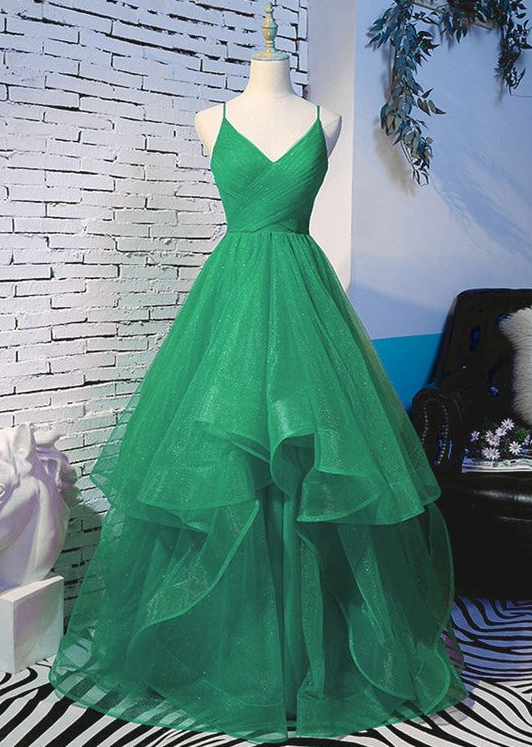 Spaghetti Straps Long Green Prom Dress With Ruffles