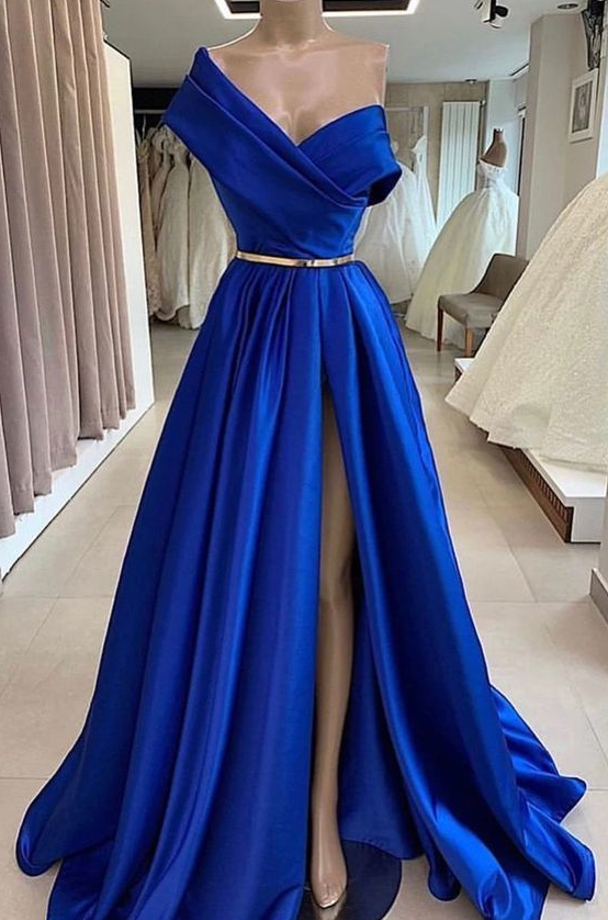 V Neck Long Side Slit Prom Dress, Royal Blue Evening Dress