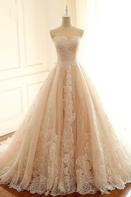 Sweetheart Champagne Lace Long Strapless Evening Dress