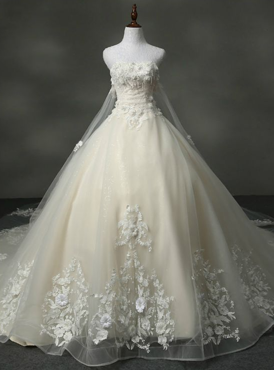 A-line Strapless Tulle Wedding Dress with Lace Appliques