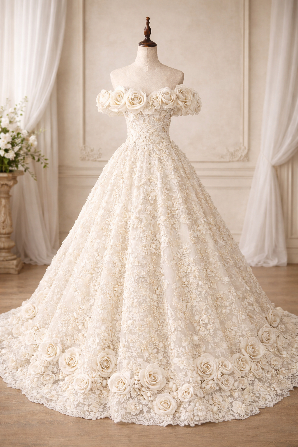 ivory lace ball gown wedding dress Off Shoulder 3d Floral With Rosette Hem And Cathedral Train color patchwork
